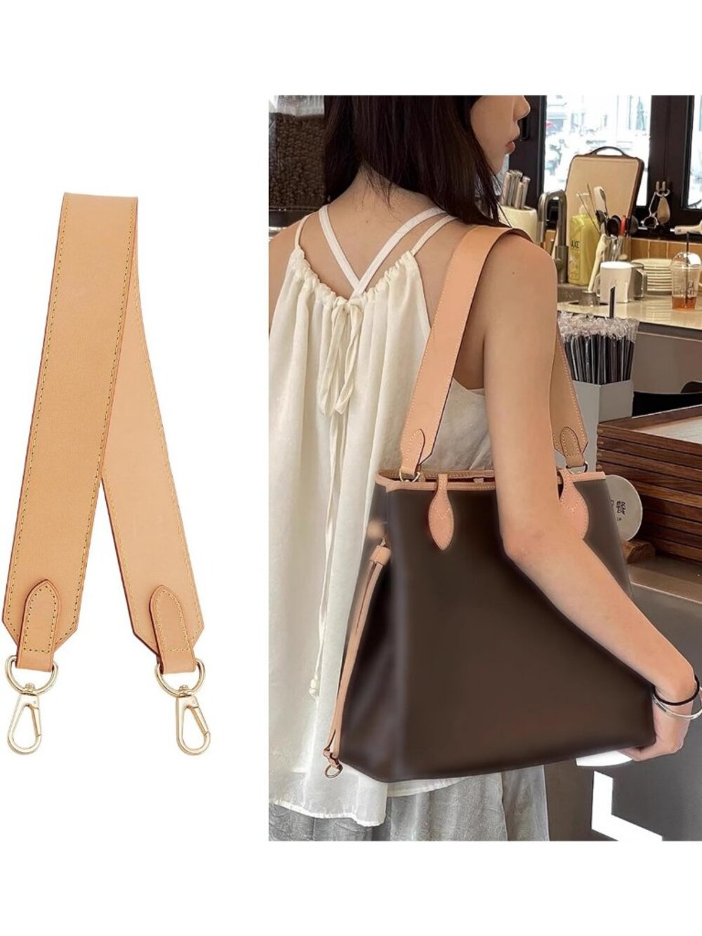 Beige Vachetta Leather Wide Purse Straps for Tote Bags, Stylish & Durable
